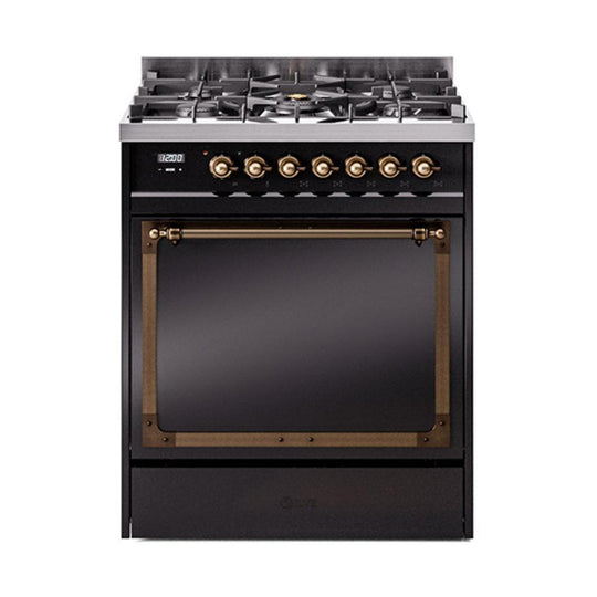 Ilve UN30QNMPBKB Ilve Un30Qnmpbkb Nostalgie Ii Noblesse 30" Dual Fuel Range (Natural Gas, Solid Door, Glossy Black, Burnished)