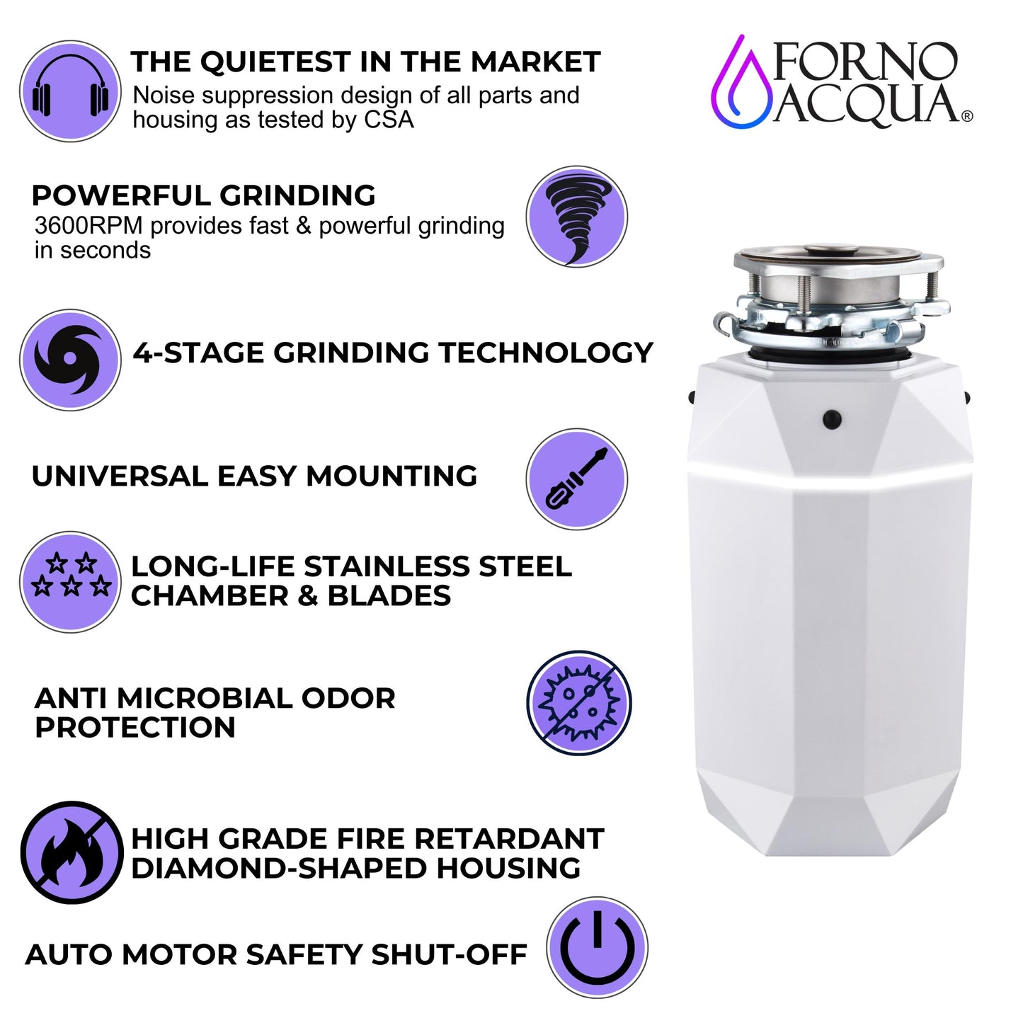 Forno WDD100TA2MS Forno Acqua Brightdiamond Moonstone 1Hp Super Quiet Garbage Disposal Corded With Motion Sensor Cabinet Light & Pre-Wired Air Switch