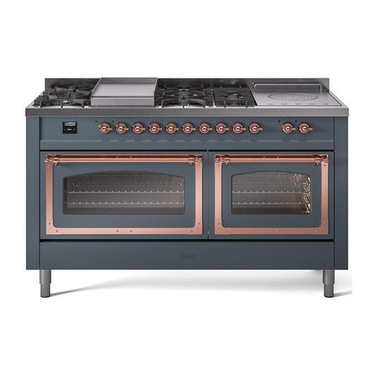 Ilve UN60FSNMPBGPLP Ilve Un60Fsnmpbgplp Nostalgie Ii Noblesse 60" Dual Fuel Range (7 Sealed Burners + Griddle + French Top, Liquid Propane, Triple Glass Door, Blue Grey, Copper)