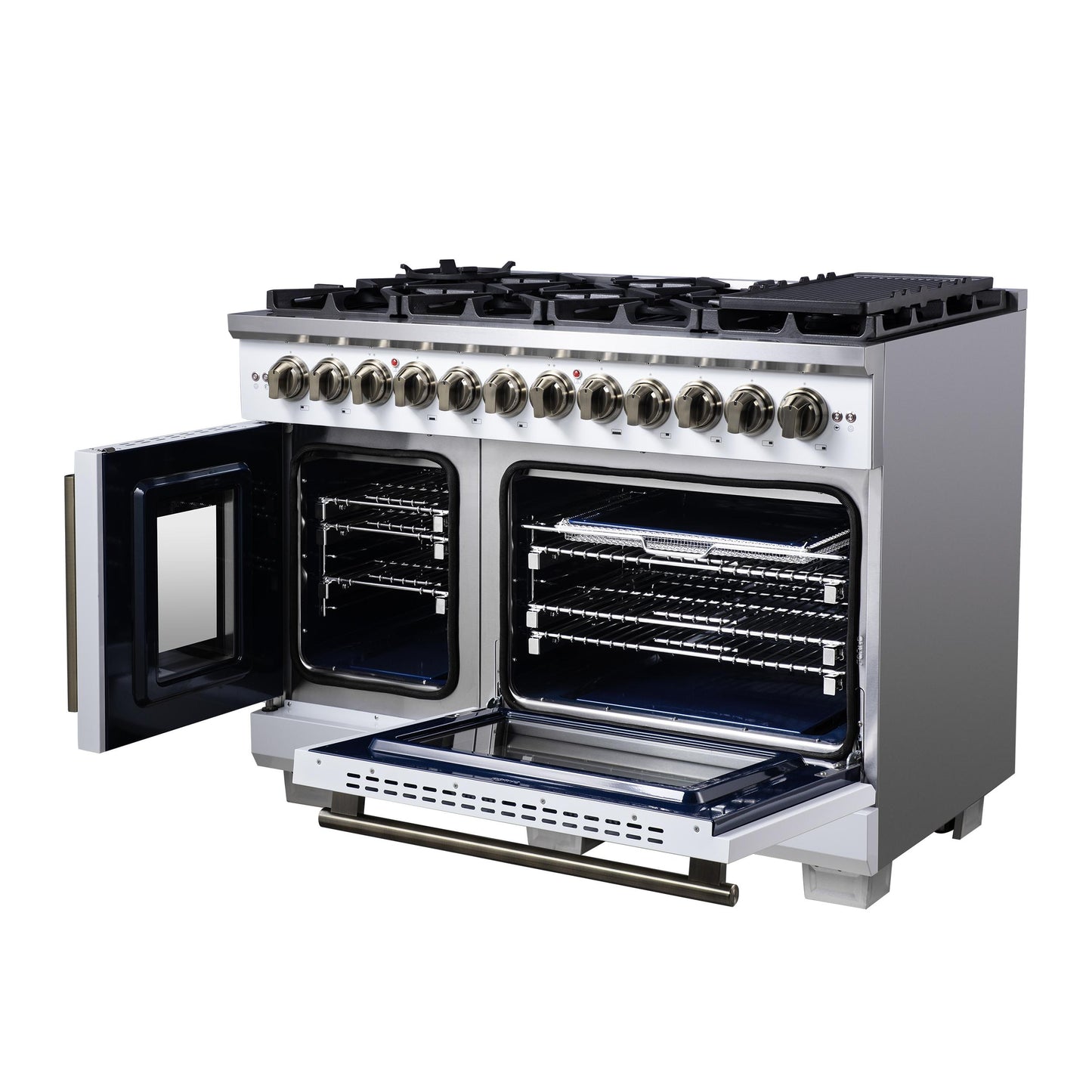 Forno FFSGS638748WHT Forno Capriasca 48 Inch Freestanding French Door Dual Fuel Range In White With Antique Brass Accessories, 8 Burners, True Convection Oven