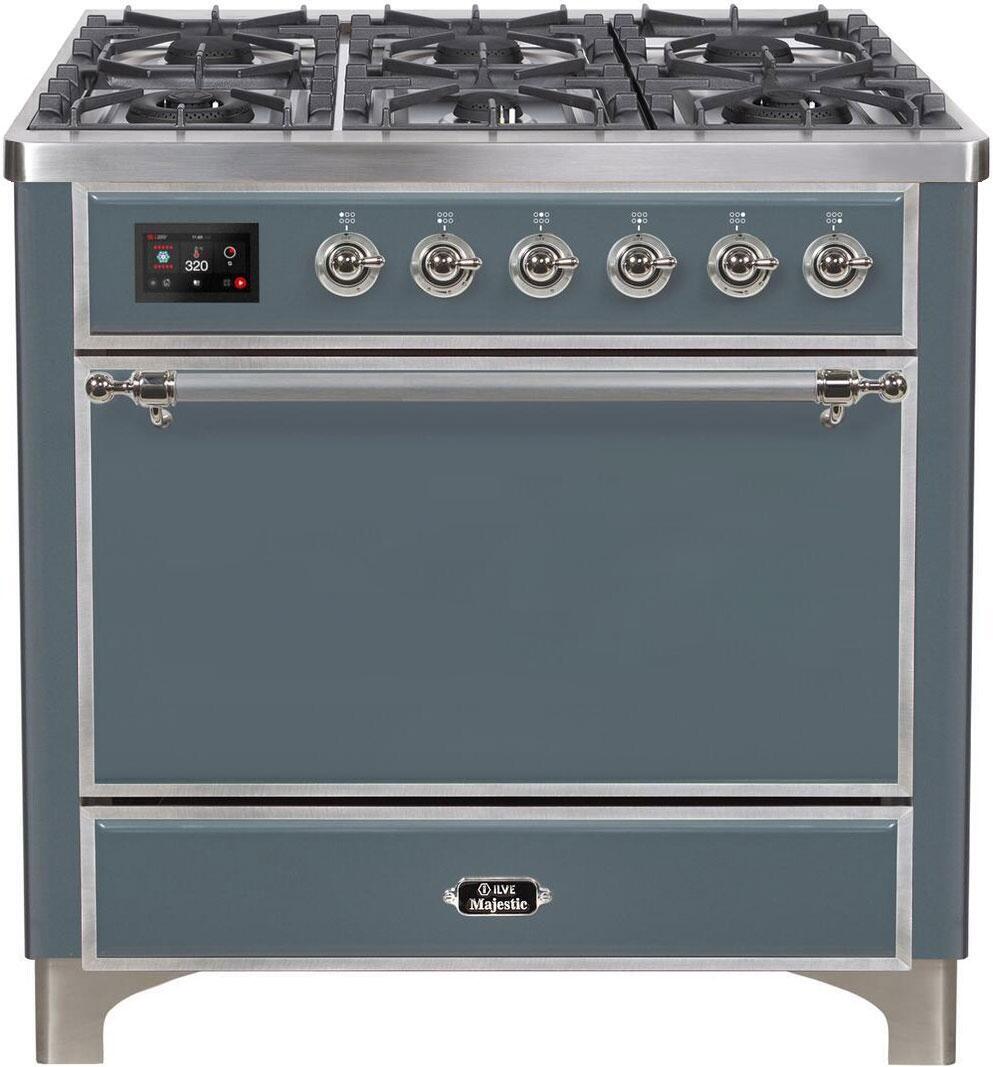 Ilve UM09FDQNS3BGC 36 Inch Dual Fuel Natural Gas Freestanding Range In Blue Grey With Chrome Trim
