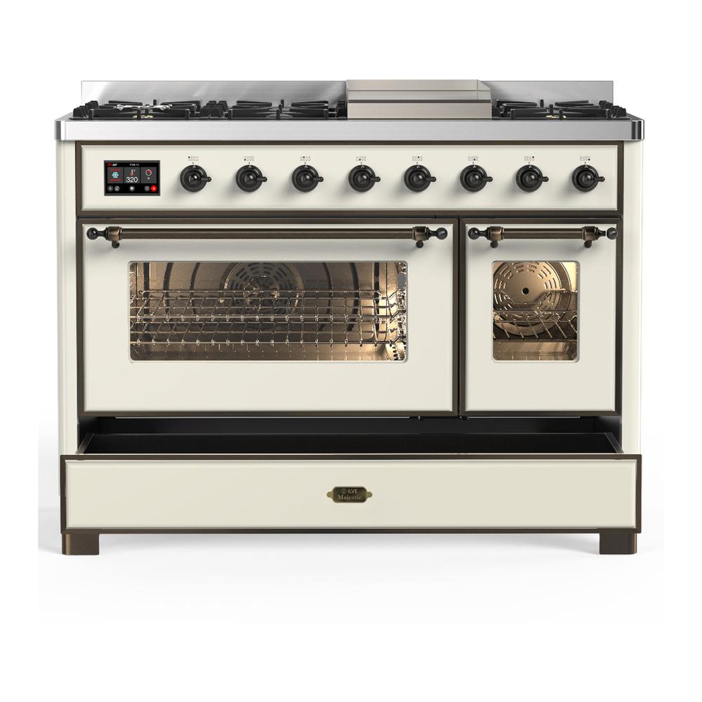 Ilve UM48FNR3AWBLP Ilve Um48Fnr3Awblp Majestic Iii 48 Inch Dual Fuel Range With 8 Burners And Griddle, Dual Function Burner Up To 25,000 Btu (Liquid Propane, Triple Glass Door, Antique White, Burnished)