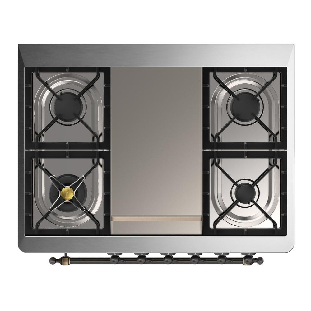 Ilve UM36FQNR3BUB Ilve Um36Fqnr3Bub Majestic Iii 36 Inch Dual Fuel Range With 6 Black Brass Burners And Griddle, Dual Function Burner Up To 25,000 Btu (Solid Door, Burgundy, Burnished, Natural Gas)