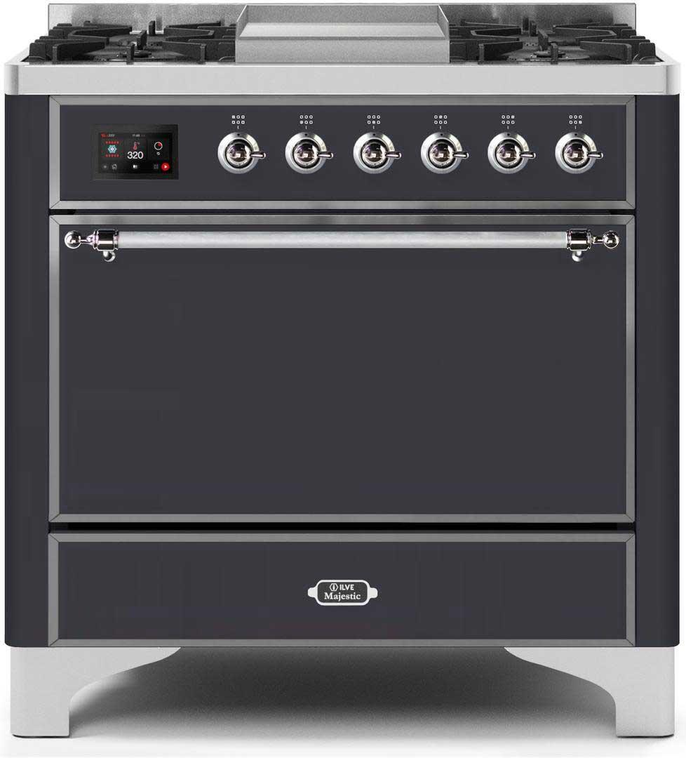 Ilve UM09FDQNS3MGC Majestic Ii 36 Inch Dual Fuel Natural Gas Freestanding Range In Matte Graphite With Chrome Trim