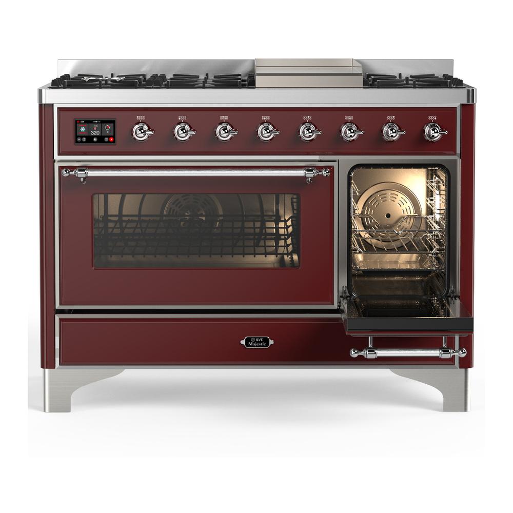 Ilve UM48FNR3BUCLP Ilve Um48Fnr3Buclp Majestic Iii 48 Inch Dual Fuel Range With 8 Burners And Griddle, Dual Function Burner Up To 25,000 Btu (Liquid Propane, Triple Glass Door, Burgundy, Chrome)