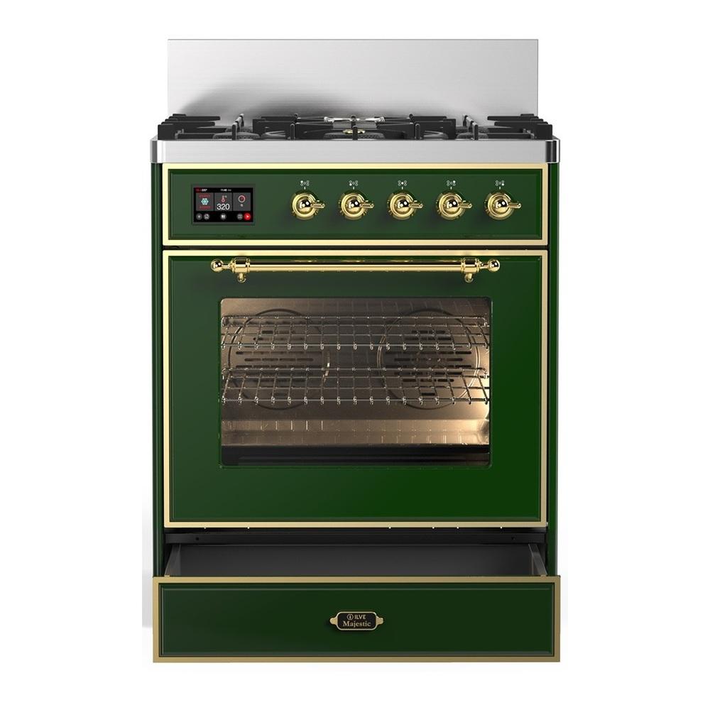 Ilve UM30NR3EGG Ilve Um30Nr3Egg Majestic Iii 30 Inch Dual Fuel Range With 5 Black Brass Burners, Dual Function Burner Up To 25,000 Btu (Natural Gas, Triple Glass Door, Emerald Green, Brass)