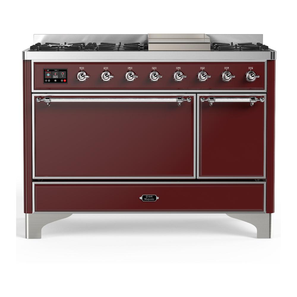 Ilve UM48FQNR3BUCLP Ilve Um48Fqnr3Buclp Majestic Iii 48 Inch Dual Fuel Range With 8 Burners And Griddle, Dual Function Burner Up To 25,000 Btu (Liquid Propane, Solid Door, Burgundy, Chrome)