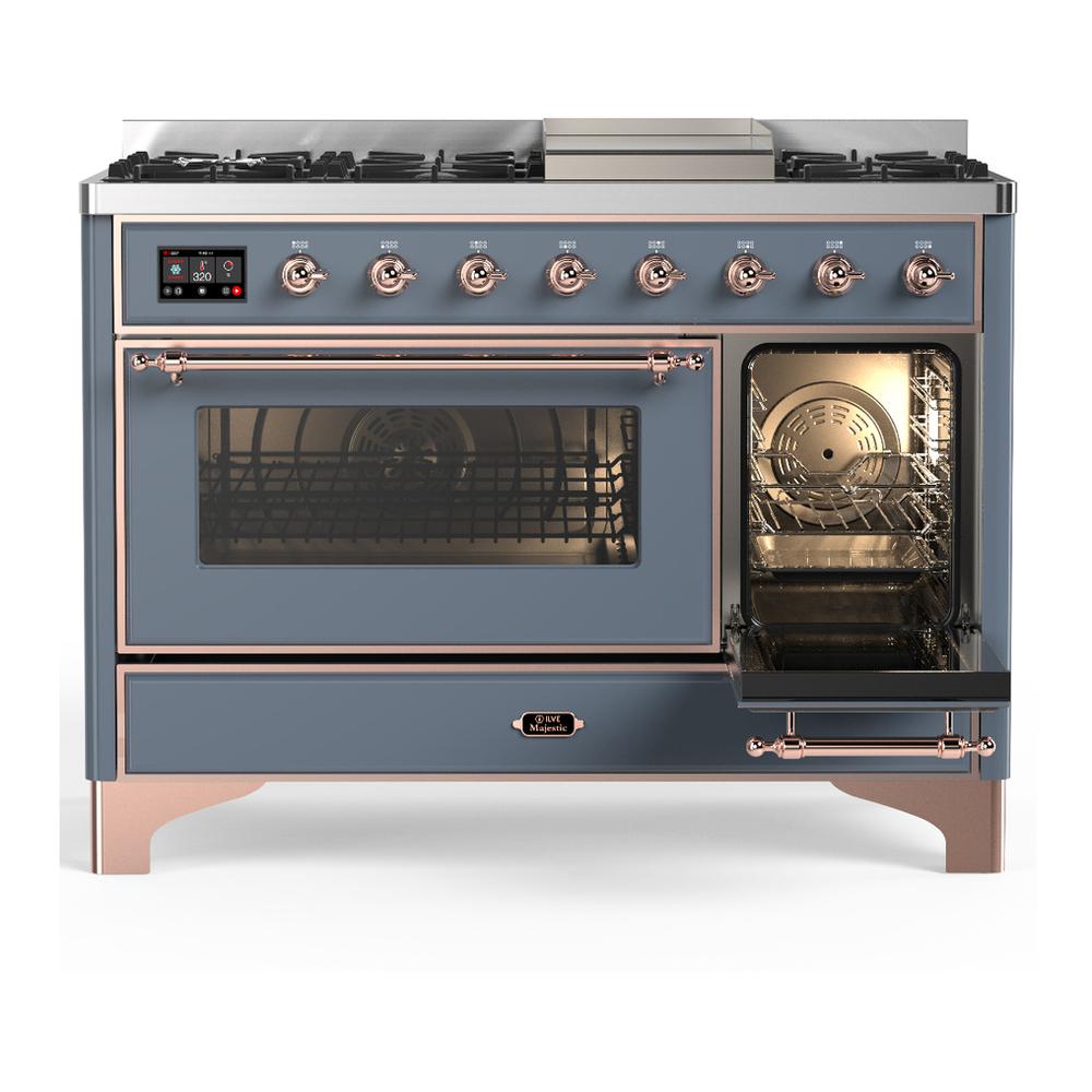 Ilve UM48FNR3BGPLP Ilve Um48Fnr3Bgplp Majestic Iii 48 Inch Dual Fuel Range With 8 Burners And Griddle, Dual Function Burner Up To 25,000 Btu (Liquid Propane, Triple Glass Door, Blue Grey, Copper)