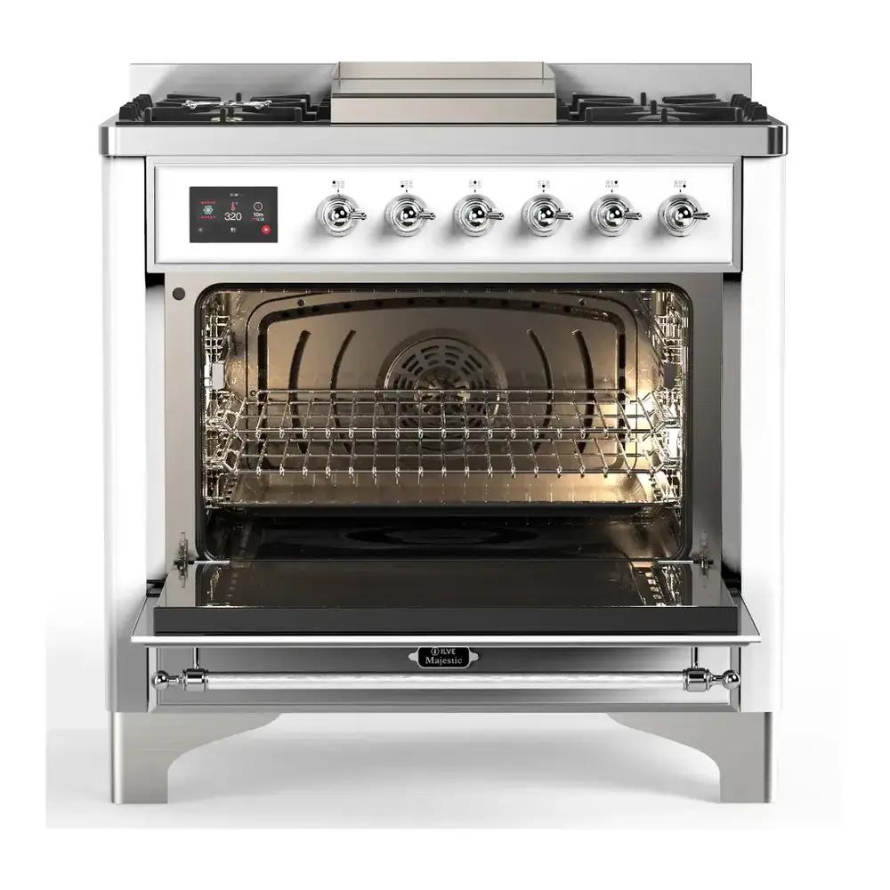 Ilve UM36FNR3RAC Ilve Um36Fnr3Rac Majestic Iii 36 Inch Dual Fuel Range With 6 Black Brass Burners And Griddle, Dual Function Burner Up To 25,000 Btu (Triple Glass Door, Ral, Chrome, Natural Gas)