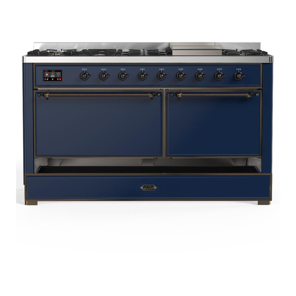 Ilve UM60FQNR3MBB Ilve Um60Fqnr3Mbb Majestic Iii 60 Inch Dual Fuel Range With 9 Burners And Griddle, Dual Function Burner Up To 25,000 Btu (Natural Gas, Solid Door, Midnight Blue, Burnished)