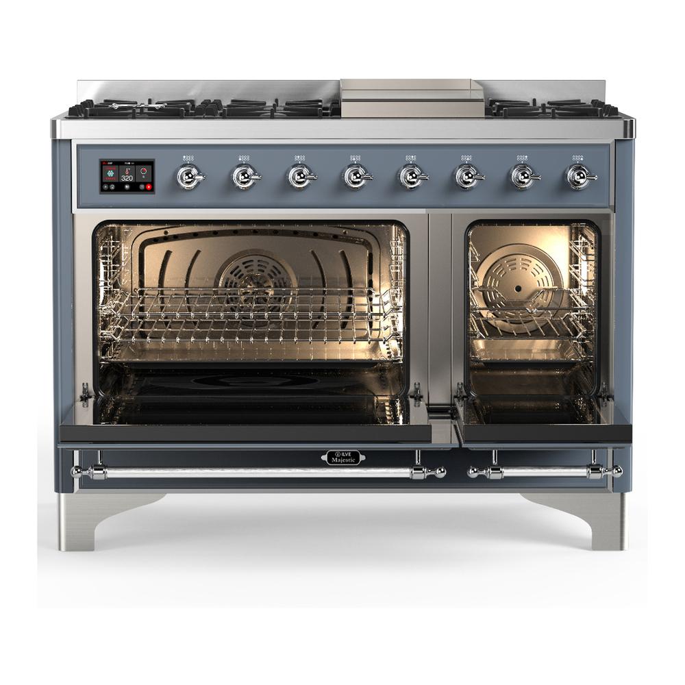 Ilve UM48FQNR3BGC Ilve Um48Fqnr3Bgc Majestic Iii 48 Inch Dual Fuel Range With 8 Burners And Griddle, Dual Function Burner Up To 25,000 Btu (Natural Gas, Solid Door, Blue Grey, Chrome)