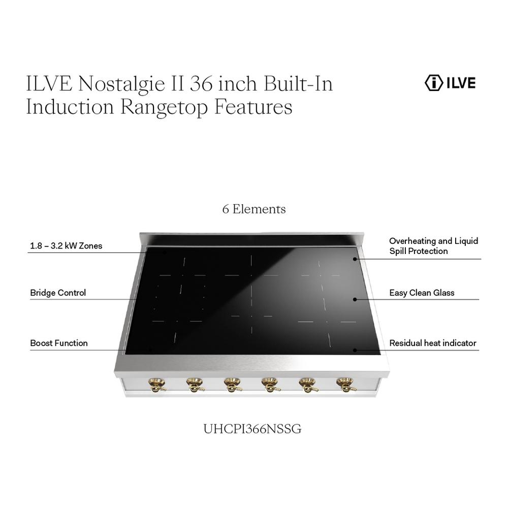 Ilve UHCPI366NSSG Ilve Uhcpi366Nssg Nostalgie Ii 36 Inch Built-In Induction Rangetop With 6 Elements (Stainless Steel, Brass)