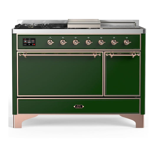 Ilve UM48FSQNR3EGP Ilve Um48Fsqnr3Egp Majestic Iii 48 Inch Dual Fuel Range With 5 Black Brass Burners, Griddle And French Top, Dual Function Burner Up To 25,000 Btu (Natural Gas, Solid Door, Emerald Green, Copper)