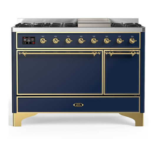 Ilve UM48FQNR3MBG Ilve Um48Fqnr3Mbg Majestic Iii 48 Inch Dual Fuel Range With 8 Burners And Griddle, Dual Function Burner Up To 25,000 Btu (Natural Gas, Solid Door, Midnight Blue, Brass)