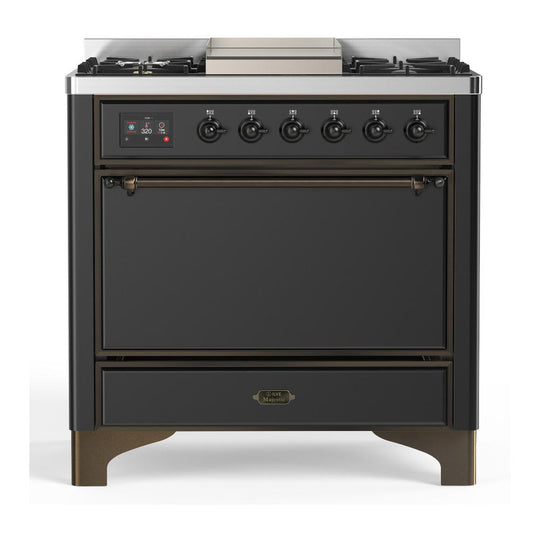 Ilve UM36FQNR3MGBLP Ilve Um36Fqnr3Mgblp Majestic Iii 36 Inch Dual Fuel Range With 6 Black Brass Burners And Griddle, Dual Function Burner Up To 25,000 Btu (Solid Door, Graphite Matte, Burnished, Liquid Propane)