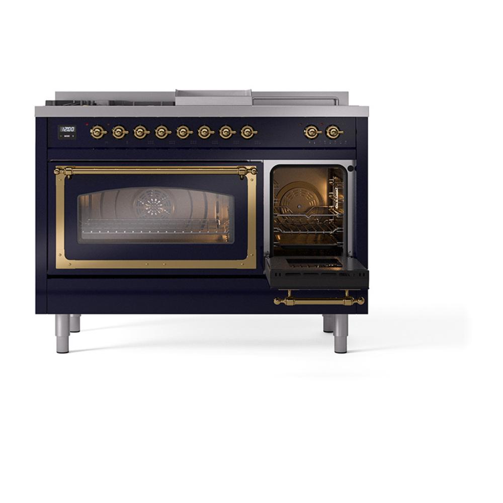Ilve UN48FSNMPMBG Ilve Un48Fsnmpmbg Nostalgie Ii Noblesse 48" Dual Fuel Range (5 Sealed Burners + Griddle + French Top, Natural Gas, Triple Glass Door, Midnight Blue, Brass)