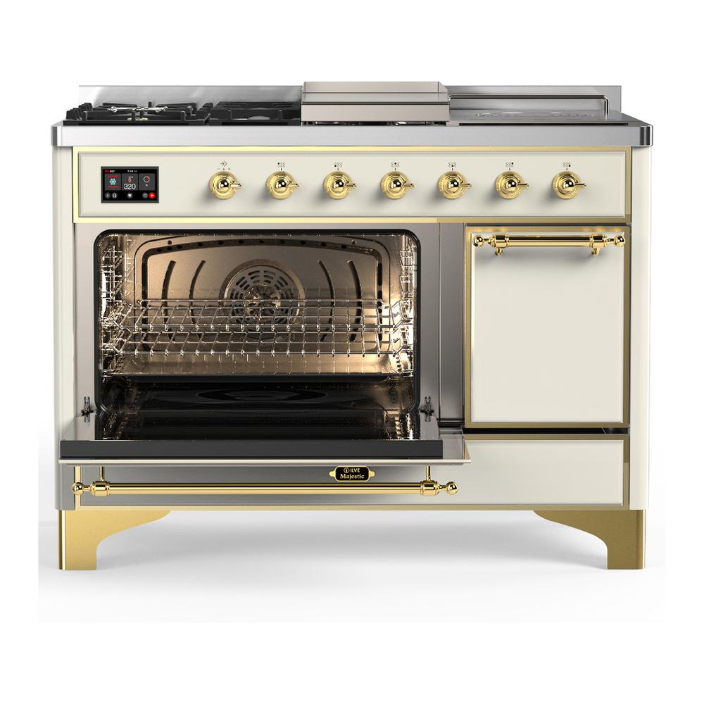 Ilve UM48FSQNR3AWGLP Ilve Um48Fsqnr3Awglp Majestic Iii 48 Inch Dual Fuel Range With 5 Black Brass Burners, Griddle And French Top, Dual Function Burner Up To 25,000 Btu (Liquid Propane, Solid Door, Antique White, Brass)