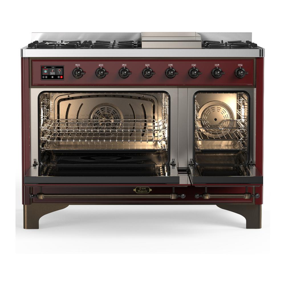 Ilve UM48FNR3BUB Ilve Um48Fnr3Bub Majestic Iii 48 Inch Dual Fuel Range With 8 Burners And Griddle, Dual Function Burner Up To 25,000 Btu (Natural Gas, Triple Glass Door, Burgundy, Burnished)