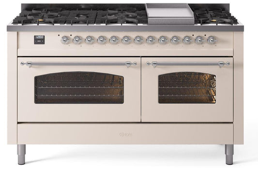 Ilve UP60FNMPAWC Nostalgie Ii 60 Inch Dual Fuel Natural Gas Freestanding Range In Antique White With Chrome Trim
