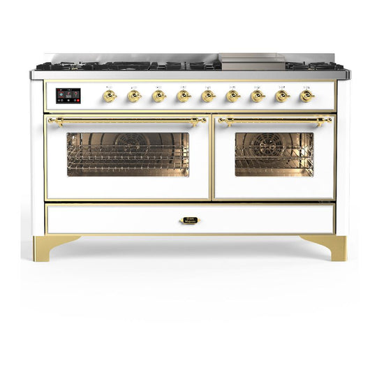 Ilve UM60FNR3WHG Ilve Um60Fnr3Whg Majestic Iii 60 Inch Dual Fuel Range With 9 Burners And Griddle, Dual Function Burner Up To 25,000 Btu (Natural Gas, Triple Glass Door, White, Brass)