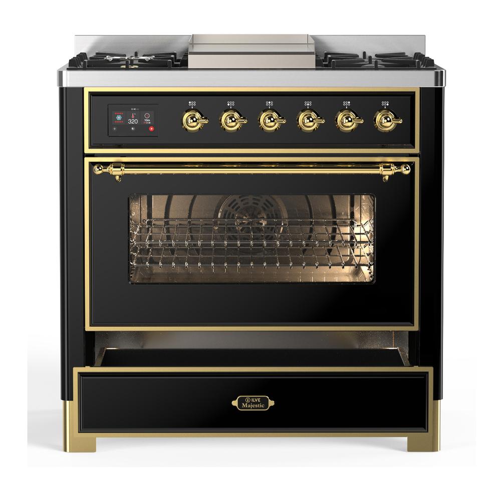Ilve UM36FNR3BKG Ilve Um36Fnr3Bkg Majestic Iii 36 Inch Dual Fuel Range With 6 Black Brass Burners And Griddle, Dual Function Burner Up To 25,000 Btu (Triple Glass Door, Glossy Black, Brass, Natural Gas)