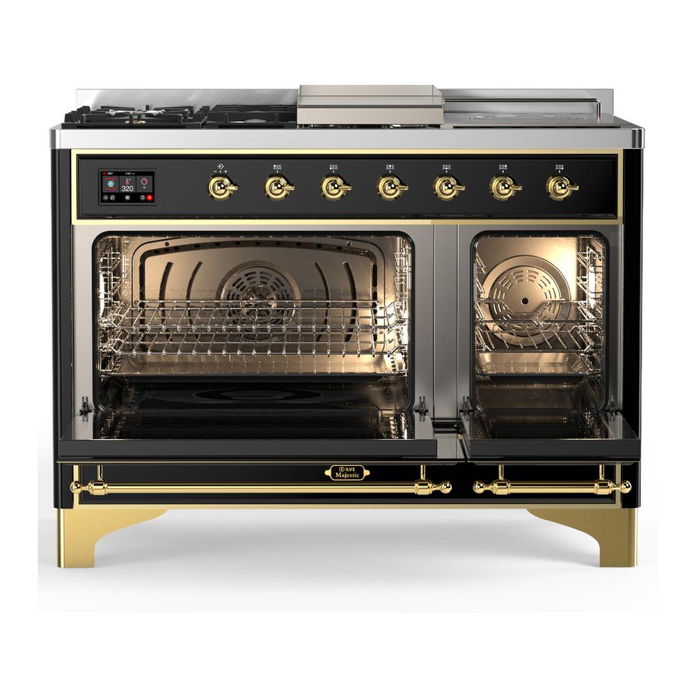 Ilve UM48FSQNR3BKGLP Ilve Um48Fsqnr3Bkglp Majestic Iii 48 Inch Dual Fuel Range With 5 Black Brass Burners, Griddle And French Top, Dual Function Burner Up To 25,000 Btu (Liquid Propane, Solid Door, Glossy Black, Brass)