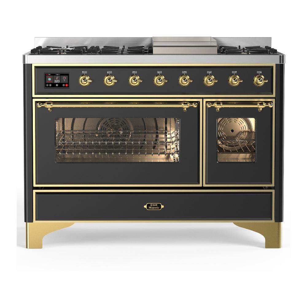 Ilve UM48FNR3MGGLP Ilve Um48Fnr3Mgglp Majestic Iii 48 Inch Dual Fuel Range With 8 Burners And Griddle, Dual Function Burner Up To 25,000 Btu (Liquid Propane, Triple Glass Door, Graphite Matte, Brass)