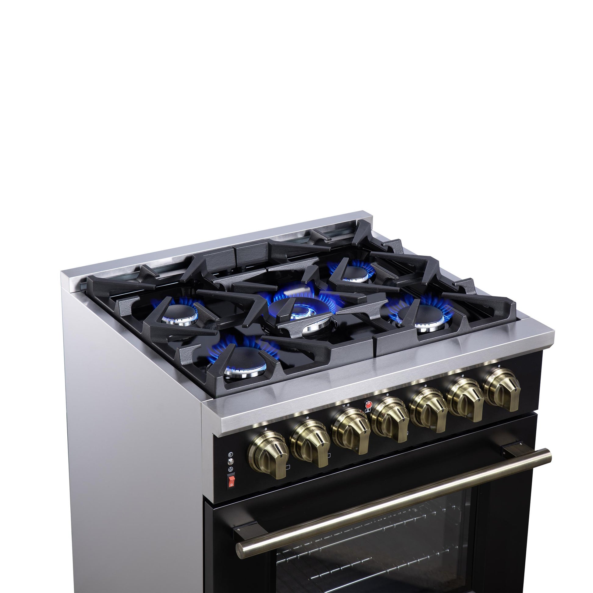 Forno FFSGS612530BLK Forno Massimo 30-Inch Freestanding Dual Fuel Range In Black With Antique Brass Accessories, 4 Burners, 4.32 Cu. Ft. Convection Oven