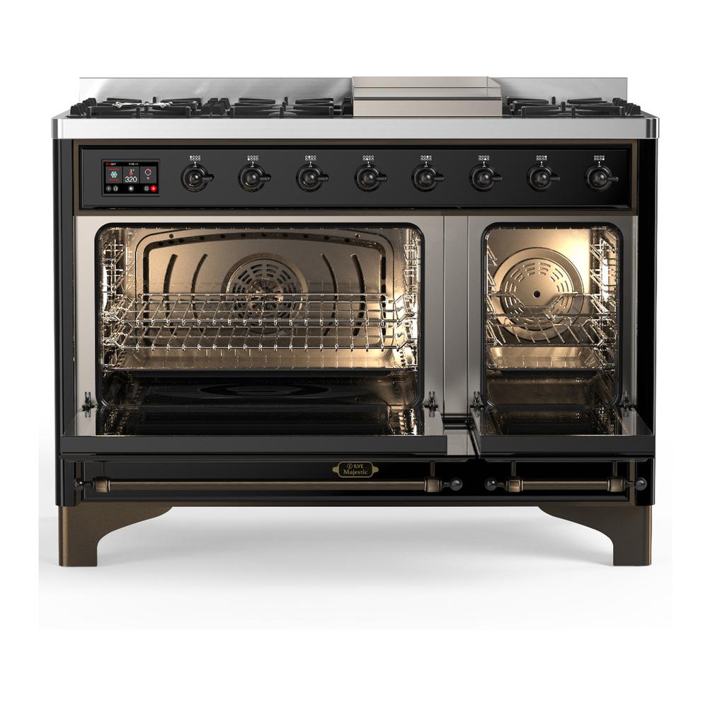 Ilve UM48FNR3BKB Ilve Um48Fnr3Bkb Majestic Iii 48 Inch Dual Fuel Range With 8 Burners And Griddle, Dual Function Burner Up To 25,000 Btu (Natural Gas, Triple Glass Door, Glossy Black, Burnished)