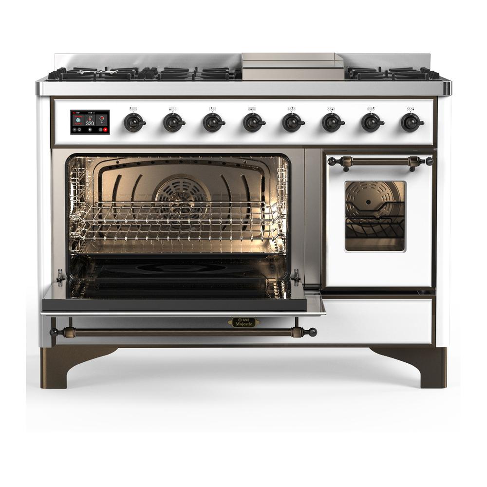 Ilve UM48FNR3WHB Ilve Um48Fnr3Whb Majestic Iii 48 Inch Dual Fuel Range With 8 Burners And Griddle, Dual Function Burner Up To 25,000 Btu (Natural Gas, Triple Glass Door, White, Burnished)