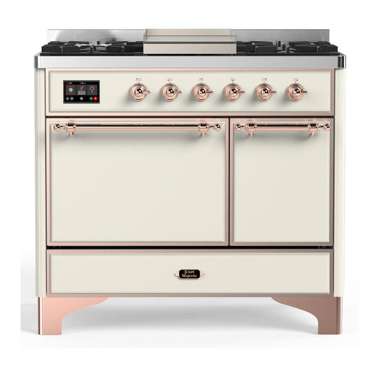 Ilve UMD40FQNR3AWPLP Ilve Umd40Fqnr3Awplp Majestic Iii 40 Inch Dual Fuel Range With 6 Burners And Griddle, Dual Function Burner Up To 25,000 Btu (Liquid Propane, Solid Door, Antique White, Copper)