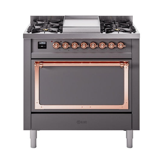 Ilve UN36FQNMPMGPLP Ilve Un36Fqnmpmgplp Nostalgie Ii Noblesse 36" Dual Fuel Range (Liquid Propane, Solid Door, Graphite Matte, Copper)