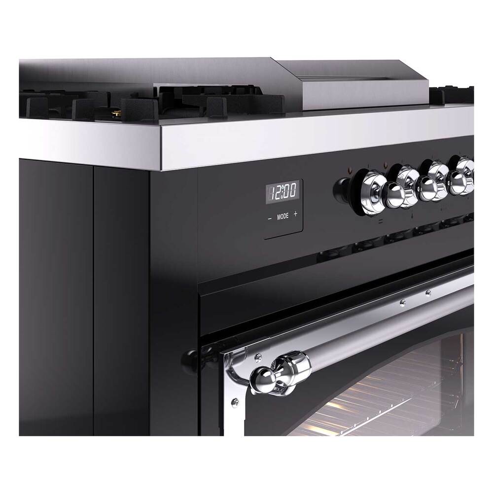 Ilve UN60FSNMPBKC Ilve Un60Fsnmpbkc Nostalgie Ii Noblesse 60" Dual Fuel Range (7 Sealed Burners + Griddle + French Top, Natural Gas, Triple Glass Door, Glossy Black, Chrome)