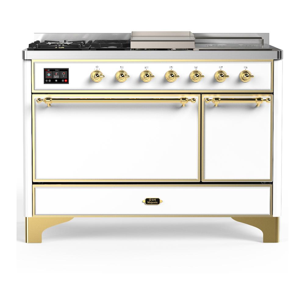 Ilve UM48FSQNR3WHGLP Ilve Um48Fsqnr3Whglp Majestic Iii 48 Inch Dual Fuel Range With 5 Black Brass Burners, Griddle And French Top, Dual Function Burner Up To 25,000 Btu (Liquid Propane, Solid Door, White, Brass)