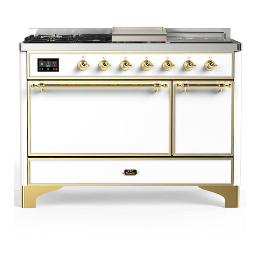 Ilve UM48FSQNR3WHGLP Ilve Um48Fsqnr3Whglp Majestic Iii 48 Inch Dual Fuel Range With 5 Black Brass Burners, Griddle And French Top, Dual Function Burner Up To 25,000 Btu (Liquid Propane, Solid Door, White, Brass)