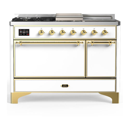 Ilve UM48FSQNR3WHGLP Ilve Um48Fsqnr3Whglp Majestic Iii 48 Inch Dual Fuel Range With 5 Black Brass Burners, Griddle And French Top, Dual Function Burner Up To 25,000 Btu (Liquid Propane, Solid Door, White, Brass)