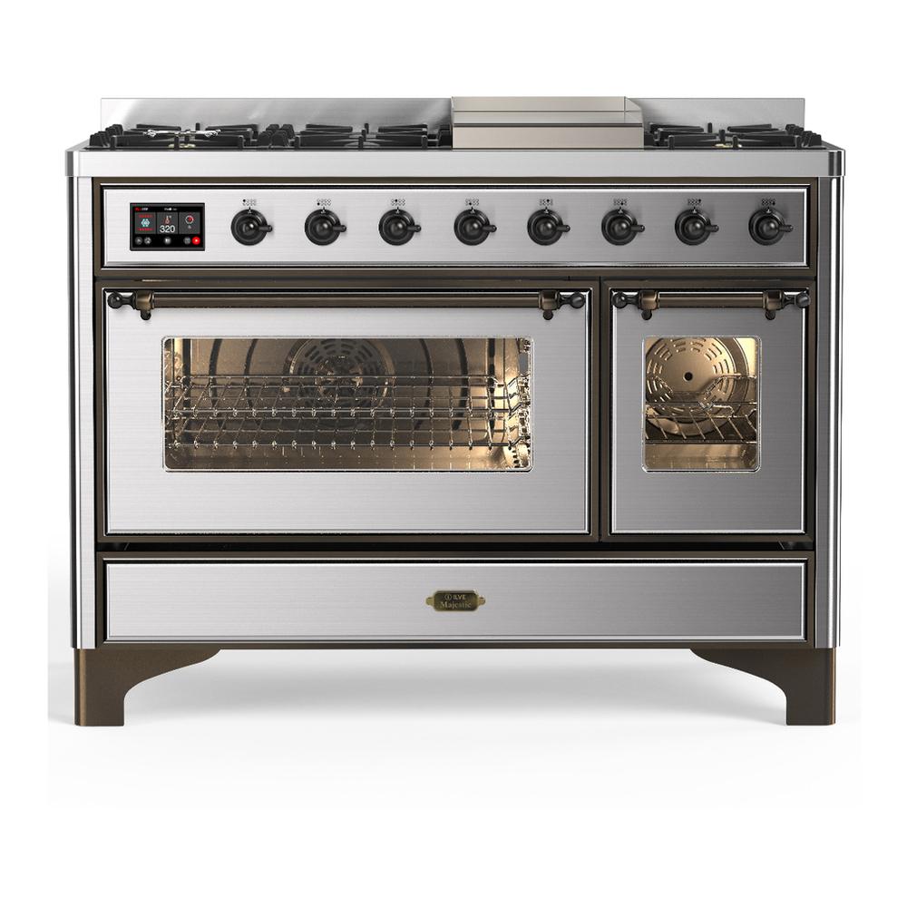 Ilve UM48FNR3SSBLP Ilve Um48Fnr3Ssblp Majestic Iii 48 Inch Dual Fuel Range With 8 Burners And Griddle, Dual Function Burner Up To 25,000 Btu (Liquid Propane, Triple Glass Door, Stainless Steel, Burnished)