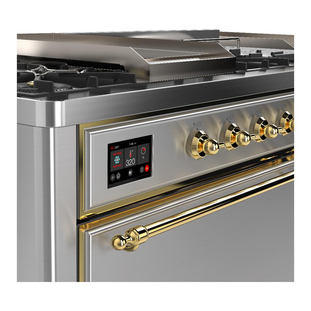 Ilve UM60FSQNR3SSGLP Ilve Um60Fsqnr3Ssglp Majestic Iii 60 Inch Dual Fuel Range With 7 Burners, Griddle And French Top, Dual Function Burner With Up To 25,000 Btu (Liquid Propane, Solid Door, Stainless Steel, Brass)