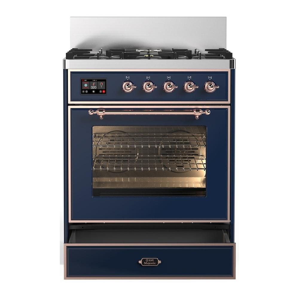 Ilve UM30NR3MBPLP Ilve Um30Nr3Mbplp Majestic Iii 30 Inch Dual Fuel Range With 5 Black Brass Burners, Dual Function Burner Up To 25,000 Btu (Liquid Propane, Triple Glass Door, Midnight Blue, Copper)
