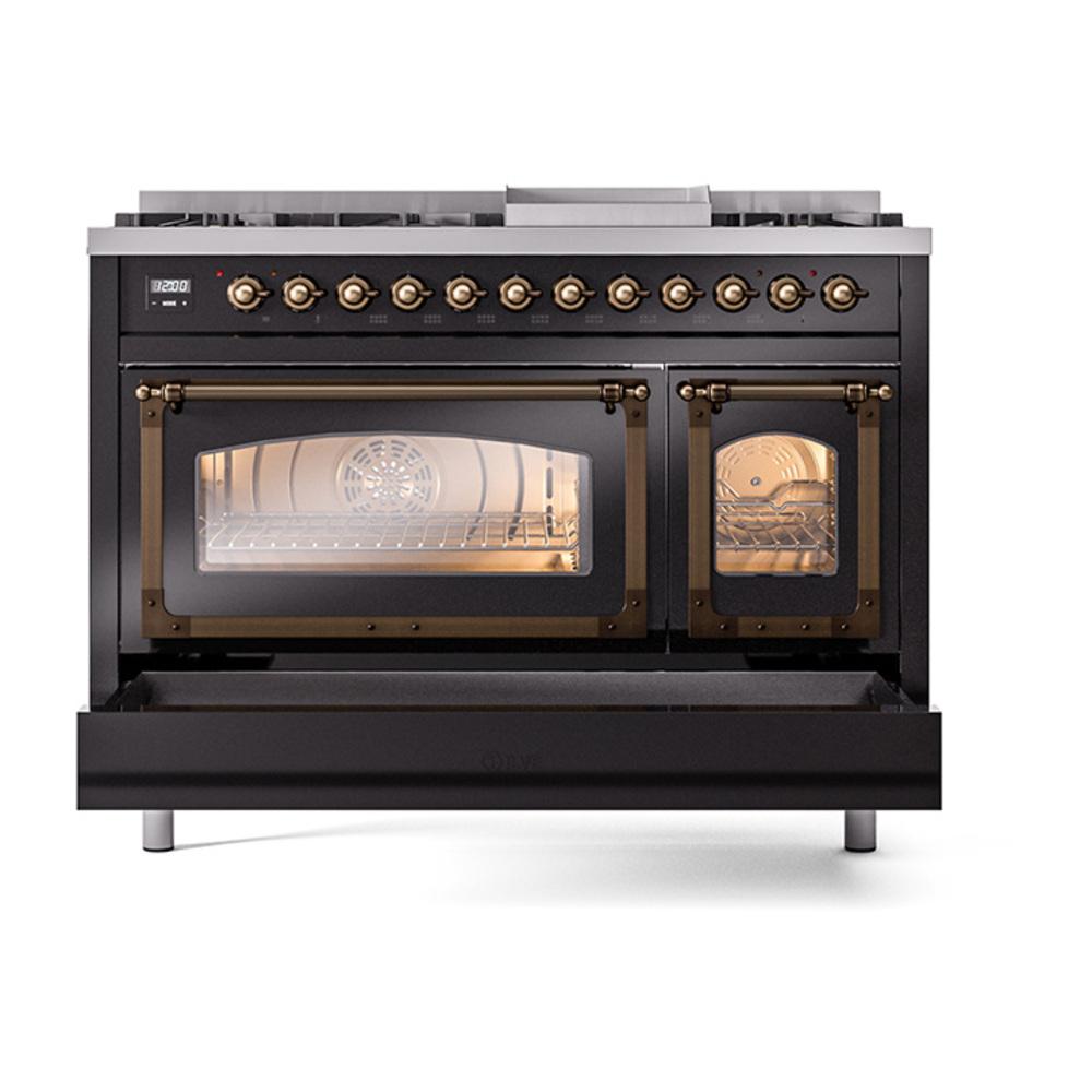 Ilve UN48FNMPBKBLP Ilve Un48Fnmpbkblp Nostalgie Ii Noblesse 48" Dual Fuel Range (8 Sealed Burners + Griddle, Liquid Propane, Triple Glass Door, Glossy Black, Burnished)