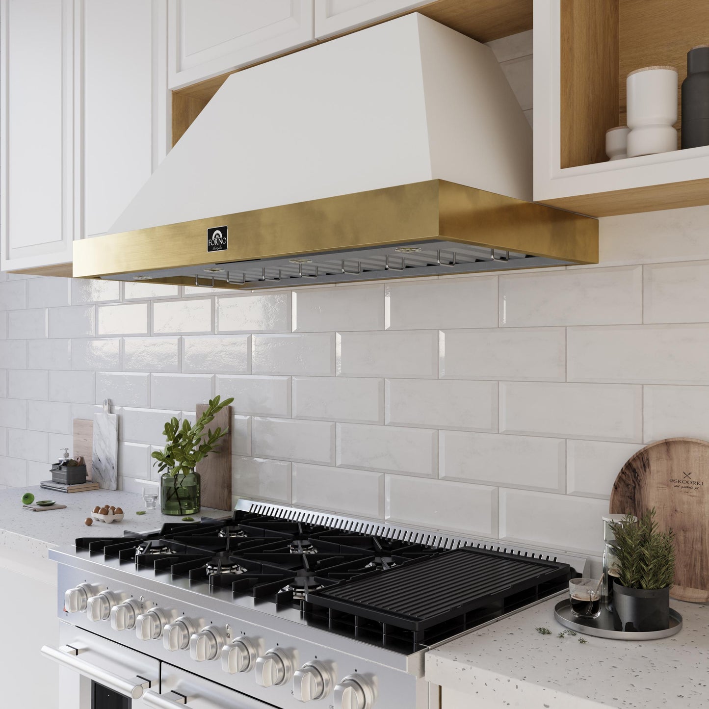 Forno FRHWM507848WHT Forno Vittorio 48-Inch Wall Mount Range Hood, White With Antique Brass Trim, 424 Cfm Airflow, Dishwasher-Safe Baffle Filters, Remote Control, 3-Speed Fan, Bright Led Lighting