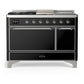 Ilve UM48FSQNR3BKCLP Ilve Um48Fsqnr3Bkclp Majestic Iii 48 Inch Dual Fuel Range With 5 Black Brass Burners, Griddle And French Top, Dual Function Burner Up To 25,000 Btu (Liquid Propane, Solid Door, Glossy Black, Chrome)