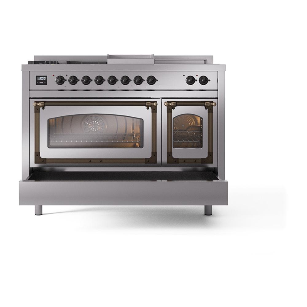 Ilve UN48FSNMPSSB Ilve Un48Fsnmpssb Nostalgie Ii Noblesse 48" Dual Fuel Range (5 Sealed Burners + Griddle + French Top, Natural Gas, Triple Glass Door, Stainless Steel, Burnished)