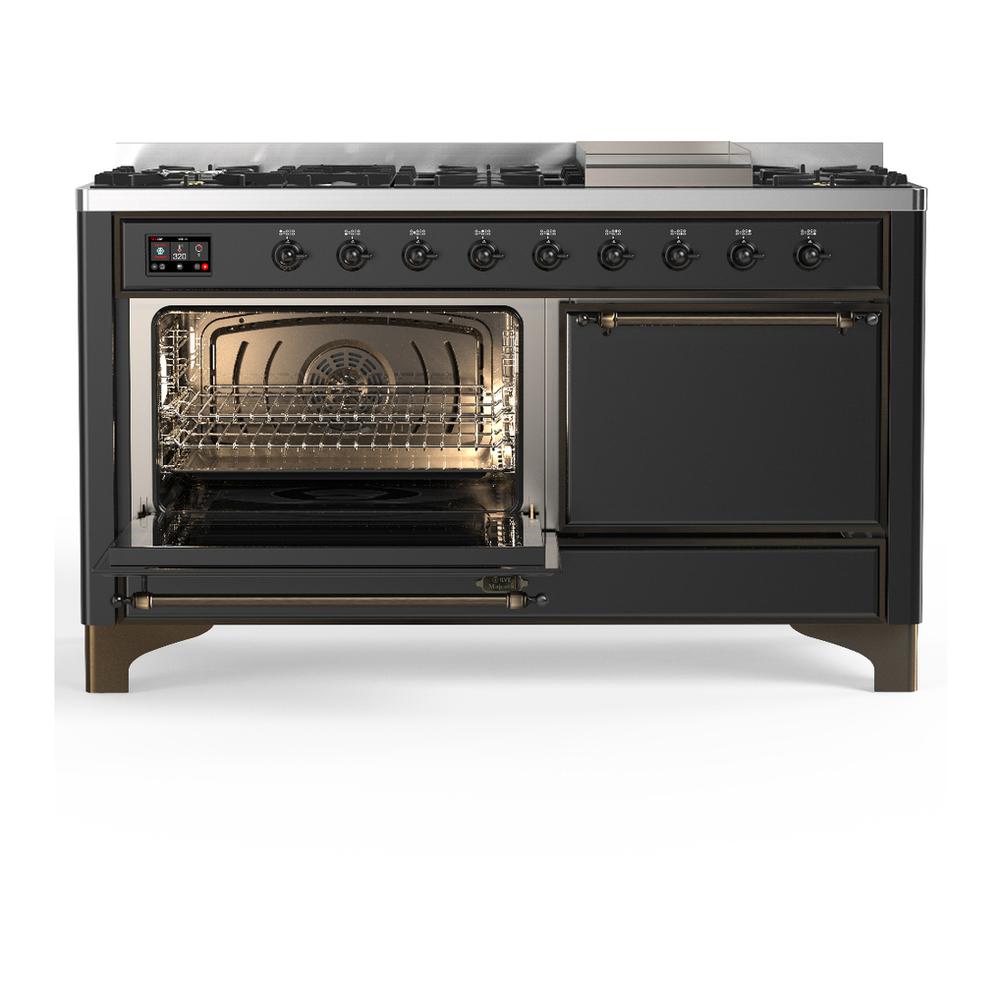 Ilve UM60FQNR3MGB Ilve Um60Fqnr3Mgb Majestic Iii 60 Inch Dual Fuel Range With 9 Burners And Griddle, Dual Function Burner Up To 25,000 Btu (Natural Gas, Solid Door, Graphite Matte, Burnished)