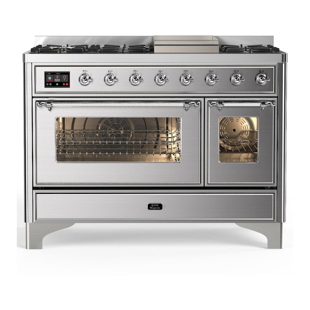 Ilve UM48FNR3SSCLP Ilve Um48Fnr3Ssclp Majestic Iii 48 Inch Dual Fuel Range With 8 Burners And Griddle, Dual Function Burner Up To 25,000 Btu (Liquid Propane, Triple Glass Door, Stainless Steel, Chrome)