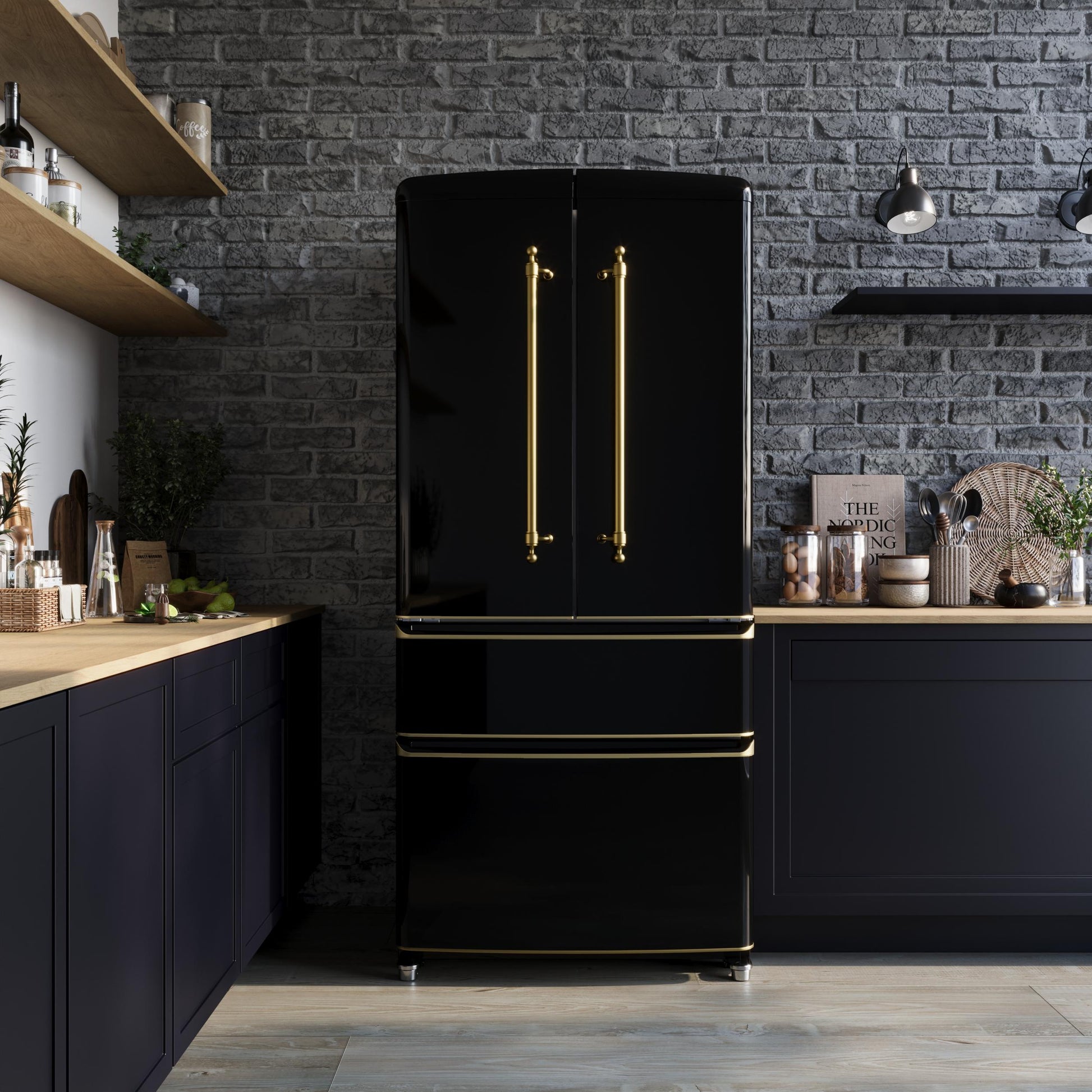 Forno FFFFD179133BLK Forno Luigi 33-Inch French Door Refrigerator, 18 Cu.Ft, Black Finish, Antique Brass Handles, Energy Star Certified