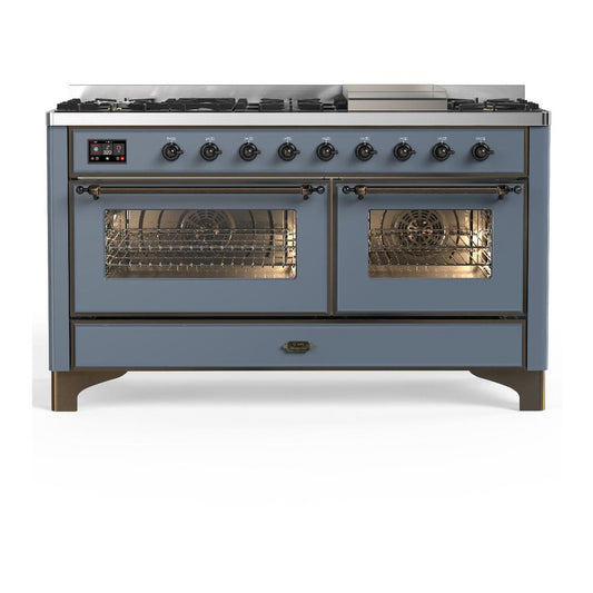 Ilve UM60FNR3BGB Ilve Um60Fnr3Bgb Majestic Iii 60 Inch Dual Fuel Range With 9 Burners And Griddle, Dual Function Burner Up To 25,000 Btu (Natural Gas, Triple Glass Door, Blue Grey, Burnished)
