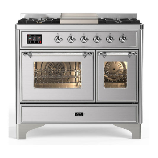 Ilve UMD40FNR3SSCLP Ilve Umd40Fnr3Ssclp Majestic Iii 40 Inch Dual Fuel Range With 6 Burners And Griddle, Dual Function Burner Up To 25,000 Btu (Liquid Propane, Triple Glass Door, Stainless Steel, Chrome)