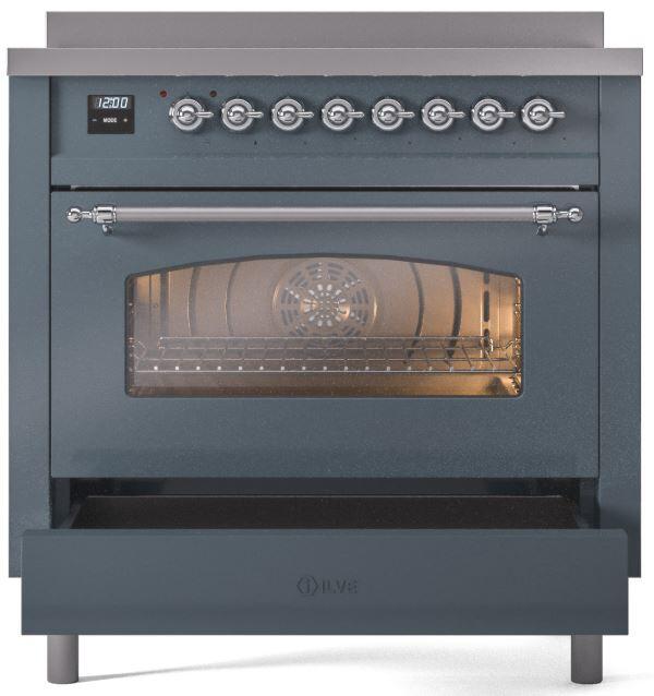 Ilve UPI366NMPBGC Nostalgie Ii 36 Inch Electric Freestanding Range In Blue Grey With Chrome Trim