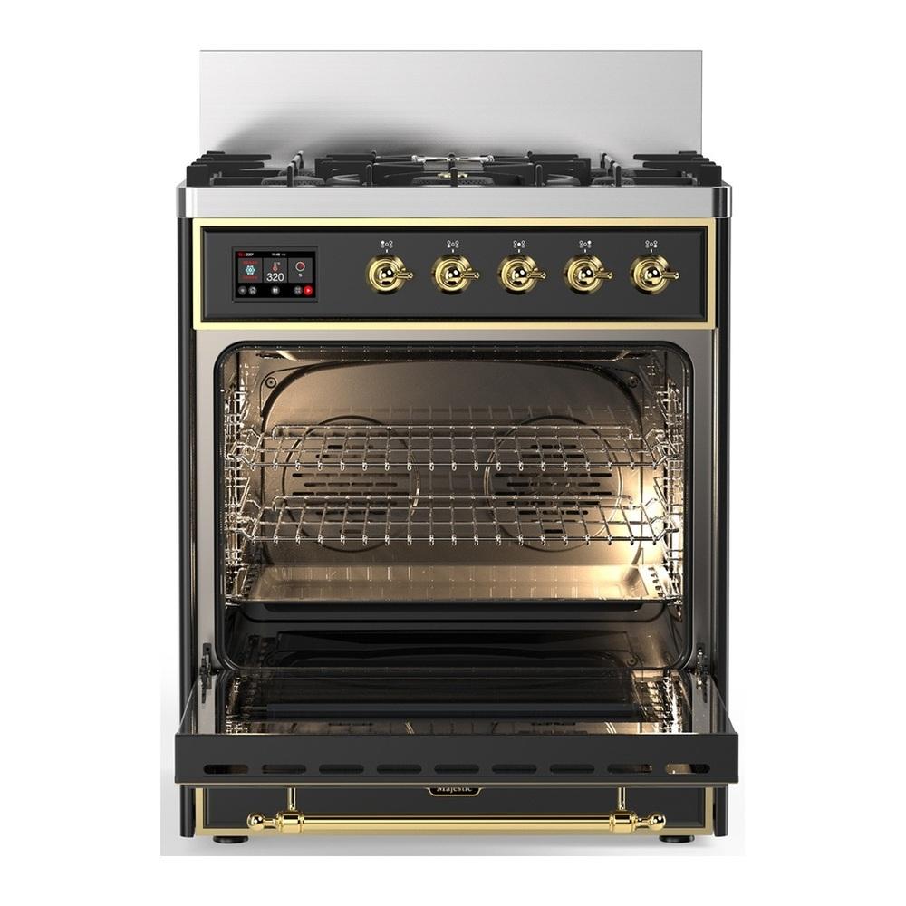 Ilve UM30NR3MGG Ilve Um30Nr3Mgg Majestic Iii 30 Inch Dual Fuel Range With 5 Black Brass Burners, Dual Function Burner Up To 25,000 Btu (Natural Gas, Triple Glass Door, Graphite Matte, Brass)